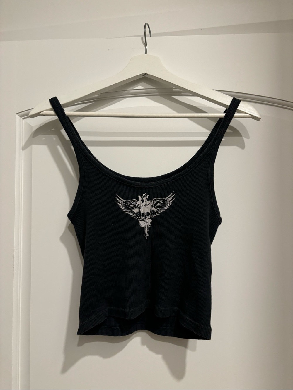 Brandy Melville Black Ribbed Skull & Wings Tank